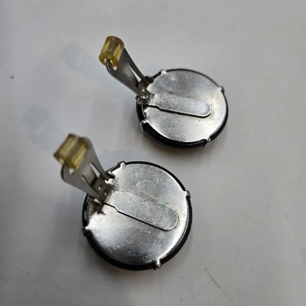 Vintage Signed HOBE Round Black French Jet Button Glass Clip Earrings Faceted